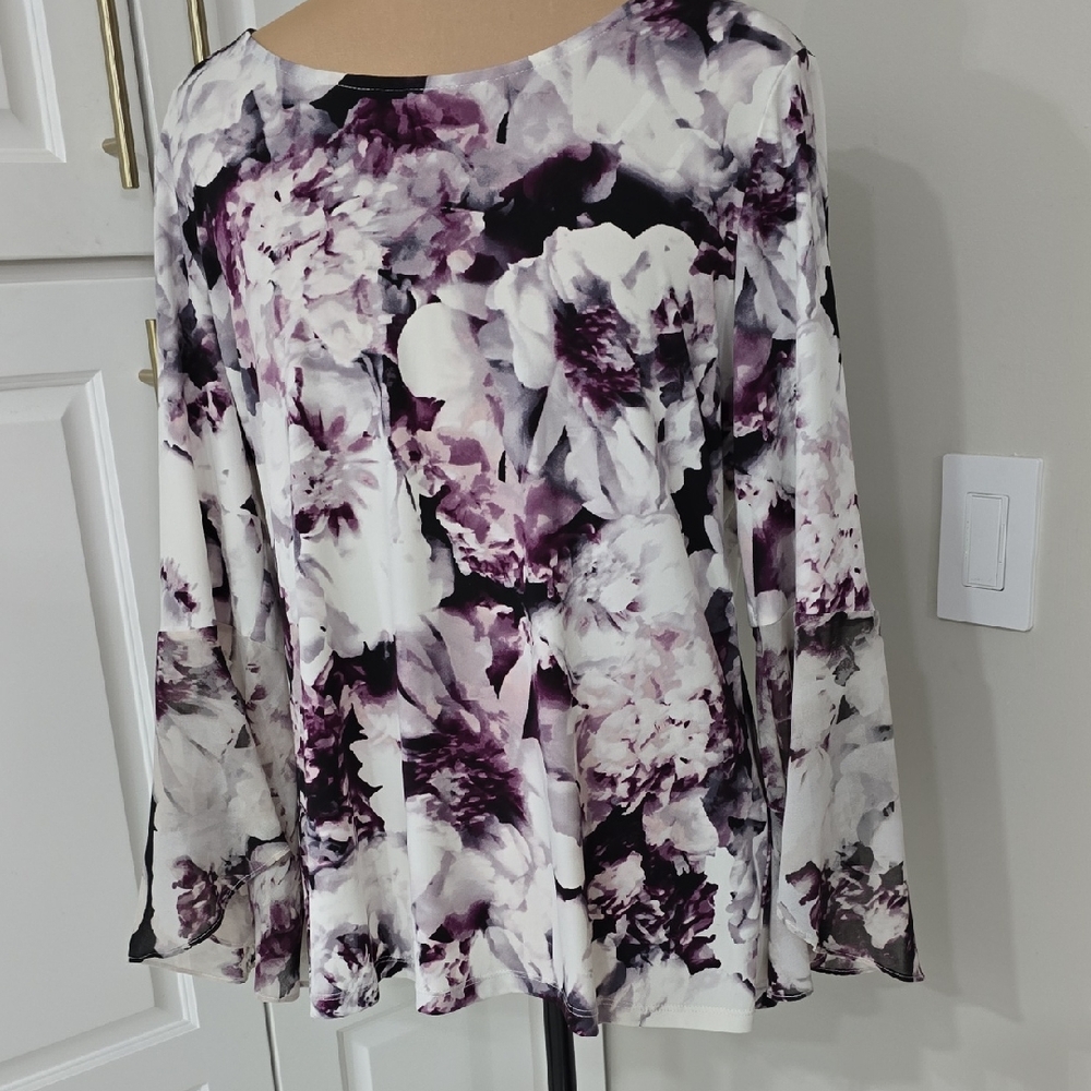 Calvin Klein Floral Bell Sleeve Blouse in Purple and White NWOT